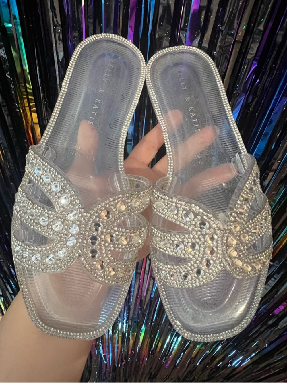 Clear Rhinestone Slide Sandals - Silver